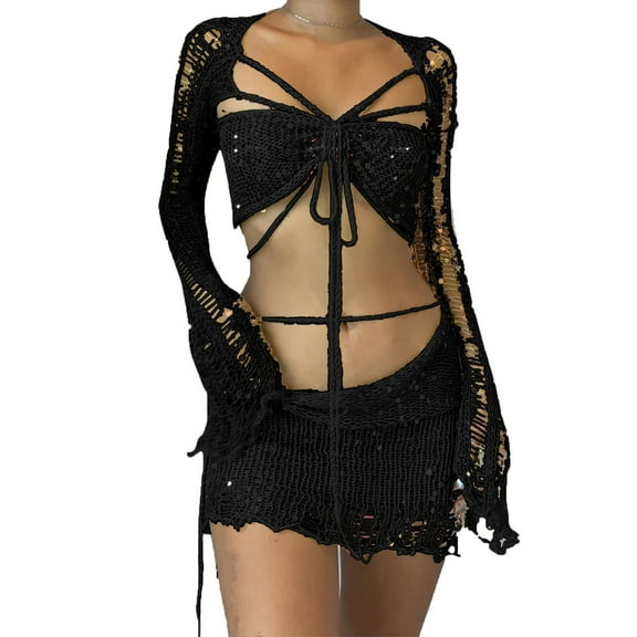 Sets for Women Clothing Two Piece New Beach Match Lounge Swimsuits Sets for Women Sequin Eyelet Crochet Skirts Swimwear Cover up Sets Black M