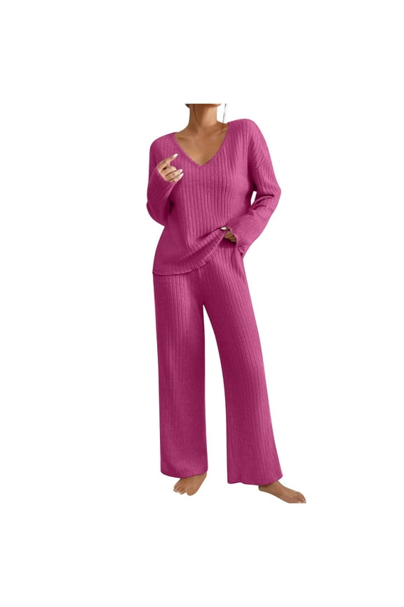 Sets for Women Going Out Ribbed Knit Loungewear V Neck Tunic Top Matching Wide-leg Pants 2 Piece Lounge Sweater Sets