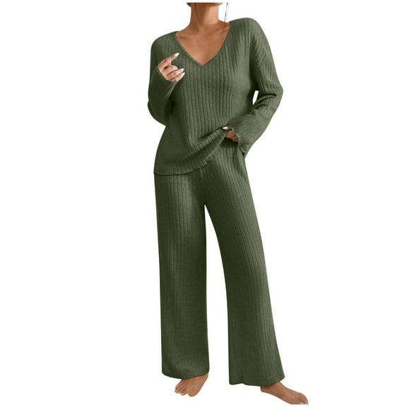 Sets for Women Going Out Ribbed Knit Loungewear V Neck Tunic Top Matching Wide-leg Pants 2 Piece Lounge Sweater Sets