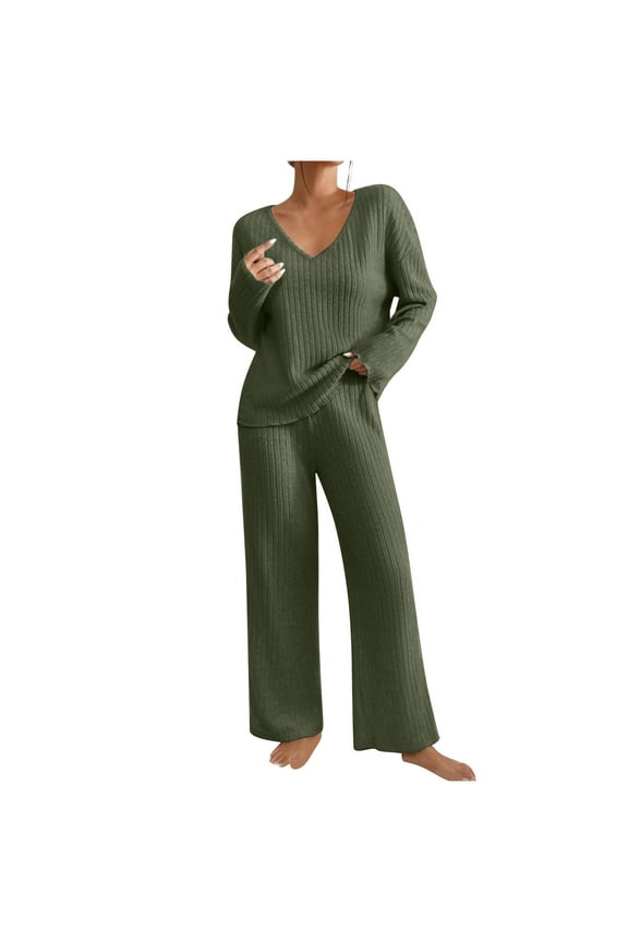Sets for Women Going Out Ribbed Knit Loungewear V Neck Tunic Top Matching Wide-leg Pants 2 Piece Lounge Sweater Sets