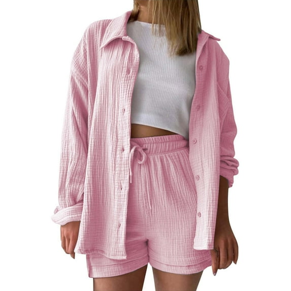 Sets for Women Spring Long Sleeve Shirt Drawstring Shorts Going Out Outfits,Light Pink,XL