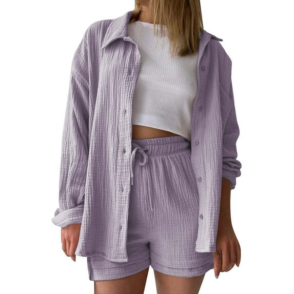 Sets for Women Spring Long Sleeve Shirt Drawstring Shorts Going Out Outfits,Light Purple,2XL