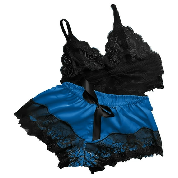 Sets for Women Summer New Womens Floral Lace Pajamas Set Sleepwear Cami Tops Bra and Panty 2 Piece Nightwear Pjs Loungewear Sets Style B-28 Blue L