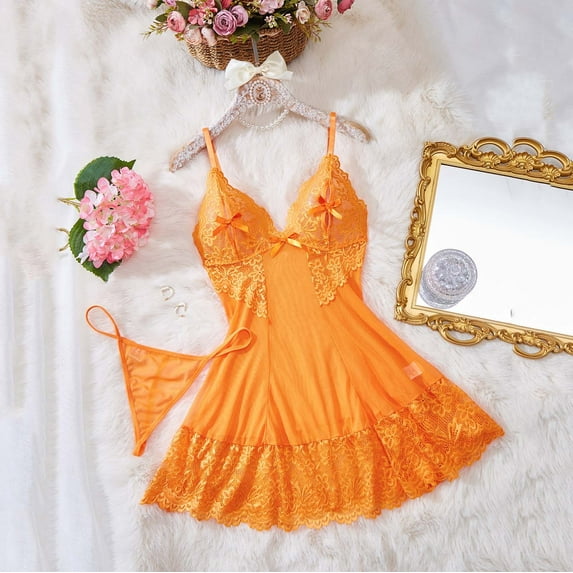 uublik Sets for Women Valentine's Day Lace Dress Mesh Chemise Nightgown Sleepwear with Panty Orange M