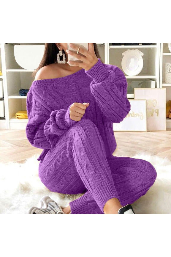Sets for women clothing two piece Womens Ladies Round Neck Cable Knitted Warm 2PC Loungewear Suit Sets