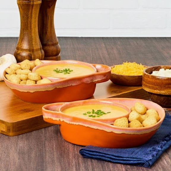 Stoneware Dual Compartment Soup & Side Bowl Set - Red