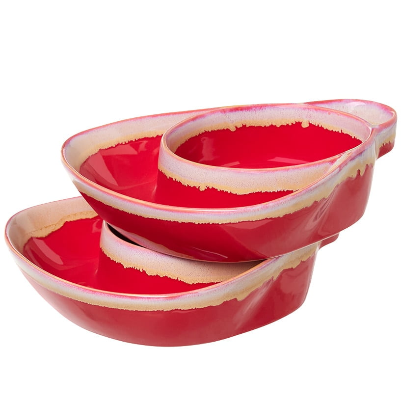 Red Ceramic Dual Compartment Soup and Side Bowls Set