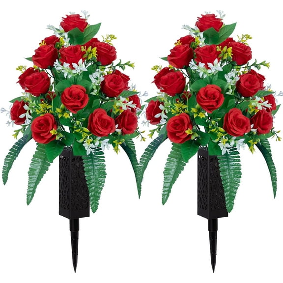 Sets of Artificial Cemetery Flowers, Outdoor Grave Decorations Roses,Accompanied by Long Nail Vases,Lasting and Non-Bleed Colors. (8 Heads (red))