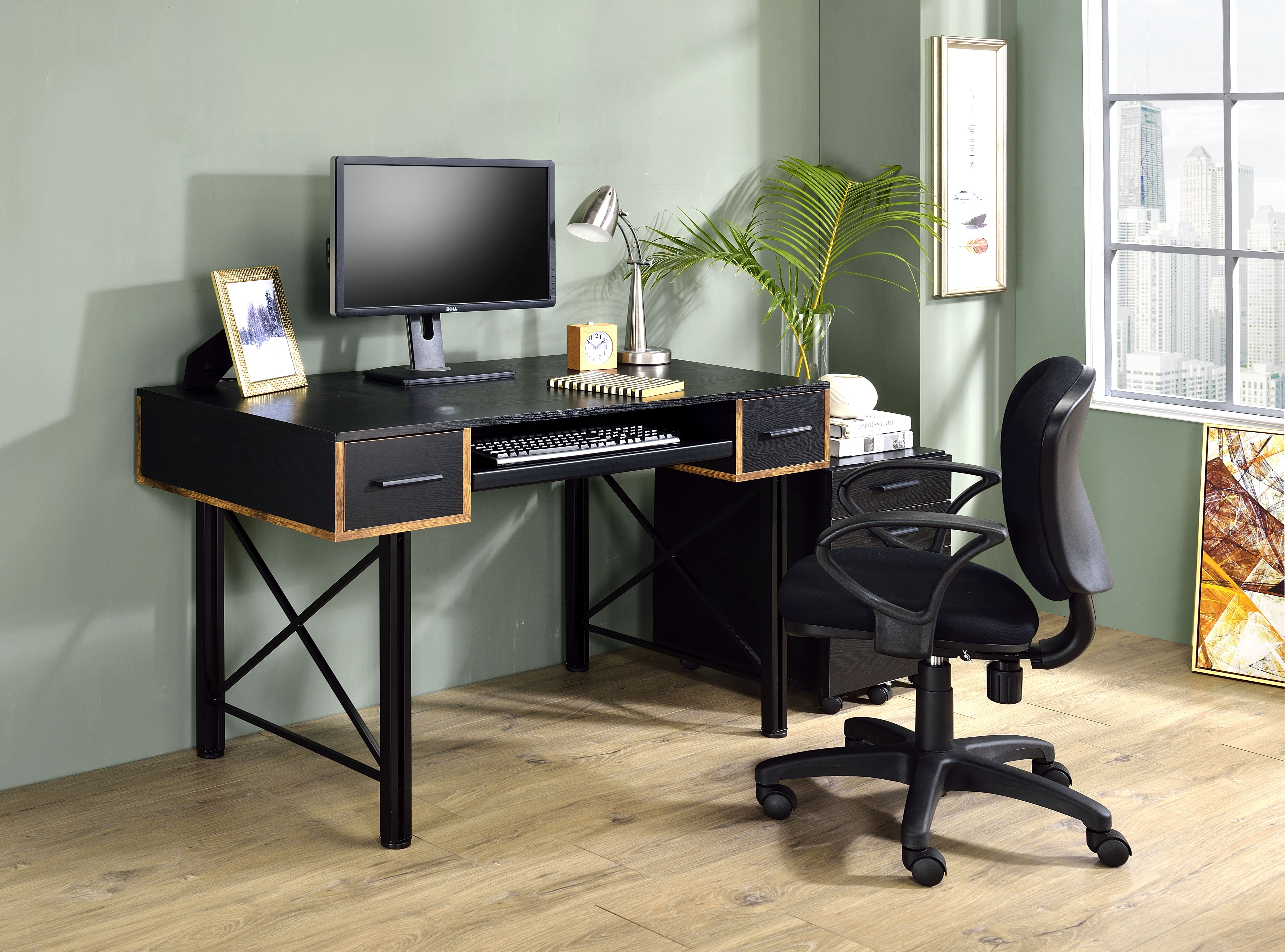 Black Computer Desk with 2 Drawers and Keyboard Tray