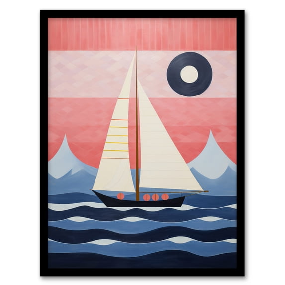 Setting Sail Sailboat in Mountain Coastal Landscape Geometric Coral Pink Blue Oil Painting Artwork Framed Wall Art Print A4