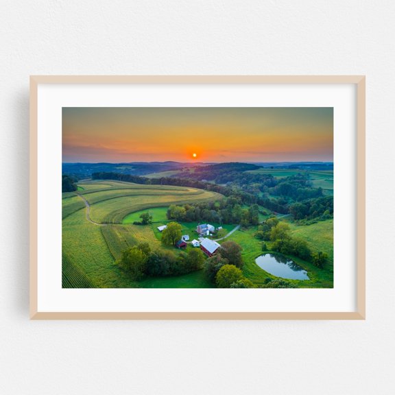 Setting in Glen Rock No. 2 - Pennsylvania Photography Rural Farmhouse Landscape Sunset Nature Scenic Pastoral Oak Framed Wall Art Print 5 x 7 inches