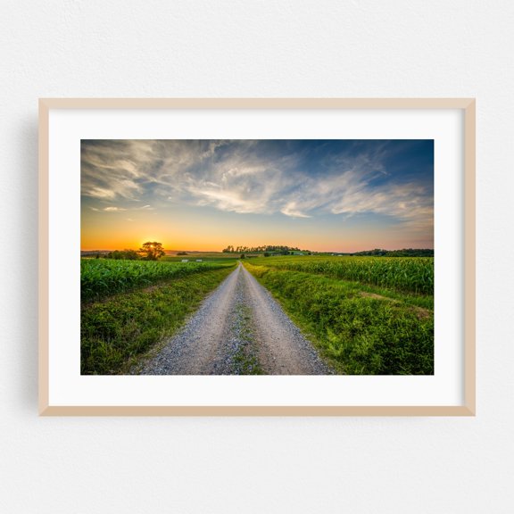 Setting in Jefferson - Pennsylvania Photography Rural Landscape Sunset Farmhouse Nature Scenic Summer Oak Framed Wall Art Print 5 x 7 inches