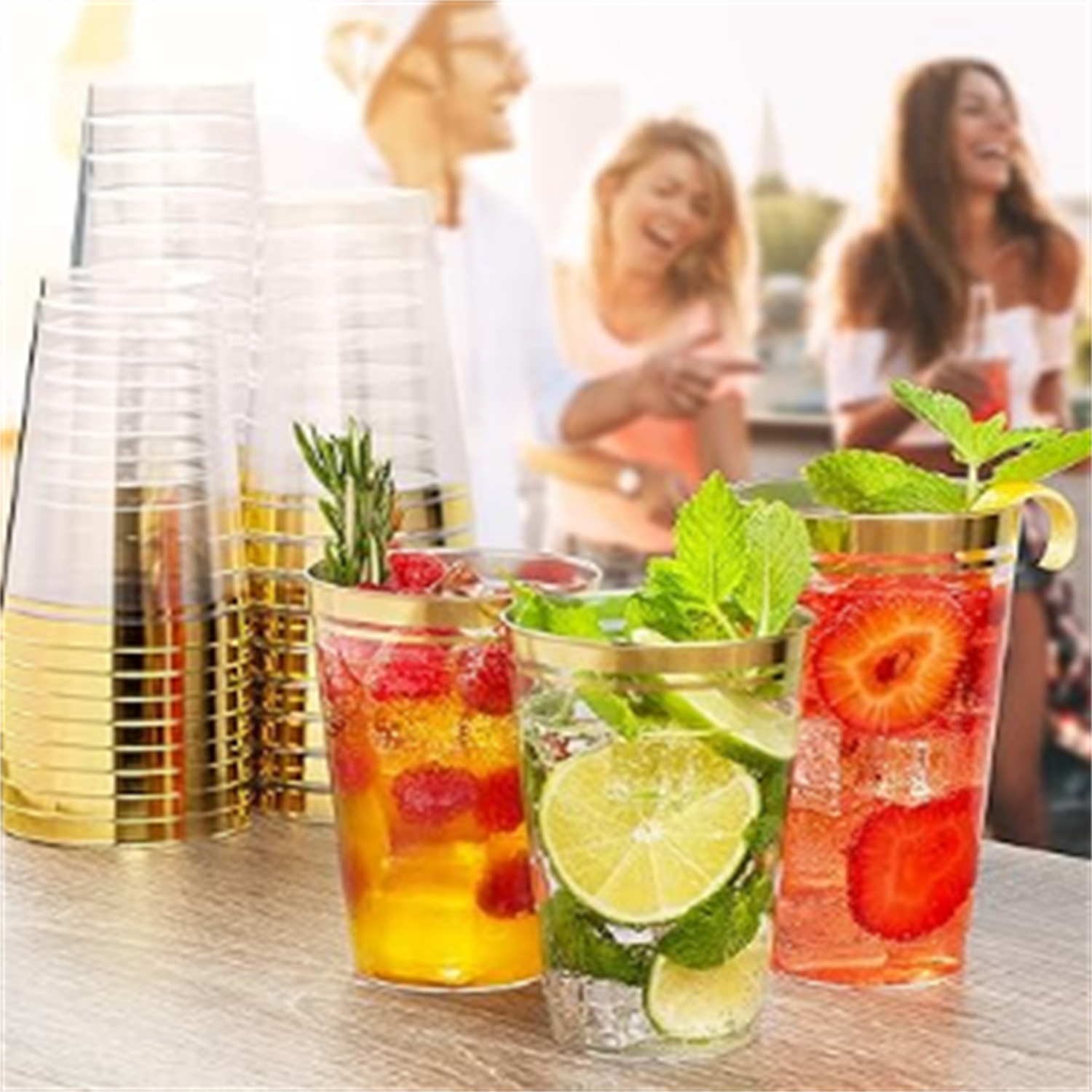 Settings Gold Rimmed Disposable Plastic Cups, Clear Hard Plastic ...