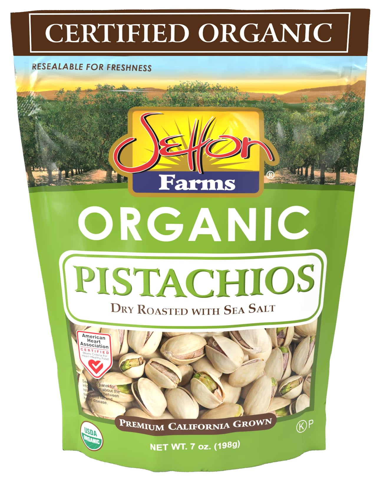 Setton Farms Premium Organic JKF25 Pistachios, Dry Roasted With Sea Salt, 7 Oz Resealable Bag