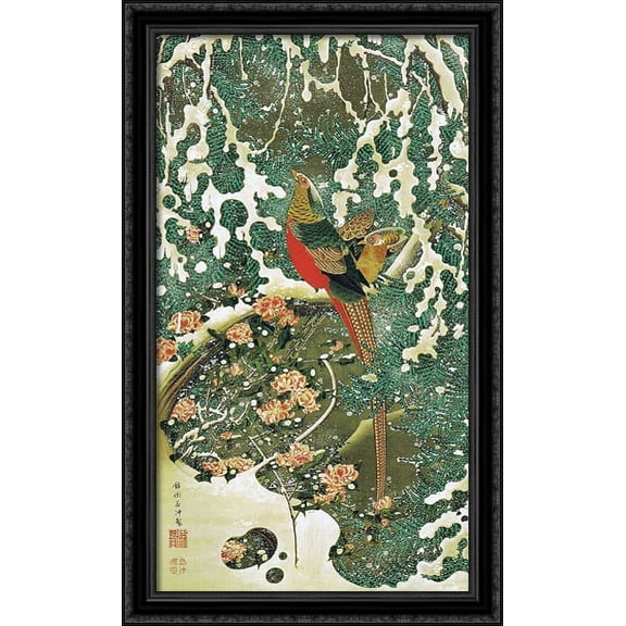Settyu kinkeizu 24x40 Large Black Ornate Wood Framed Canvas Art by Ito Jakuchu