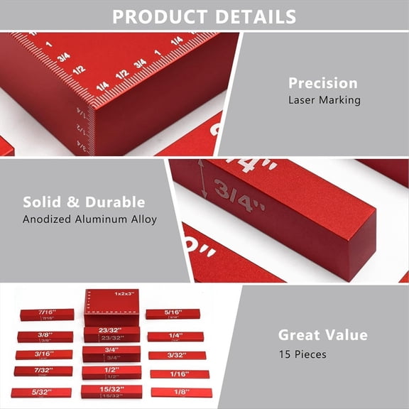 Setup Blocks Woodworking Height Gauge Set 15 Pcs of Set Up Bars, Router Table and Table Saw Accessories Red