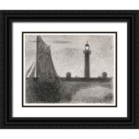 Seurat, Georges 32x26 Black Ornate Wood Framed with Double Matting Museum Art Print Titled - The Lighthouse at Honfleur