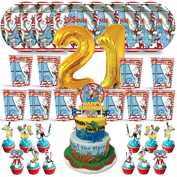 Seuss Birthday 21th Cups Party Supplies Plates Fans Decorations Cake Topper Decor