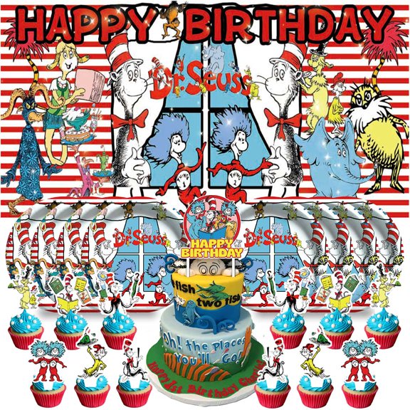 Seuss Birthday Party Decor Set - 5x2.3ft Backdrop Banner, Paper Plates, Cake Toppers & Fan Decorations