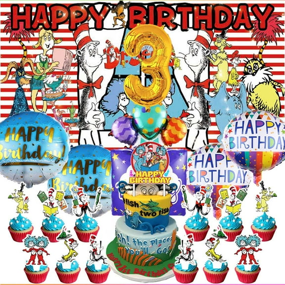 Seuss Party Supplies Decor 3rd Kit Balloons Birthday Cake Topper Banner Backdrop Decorations