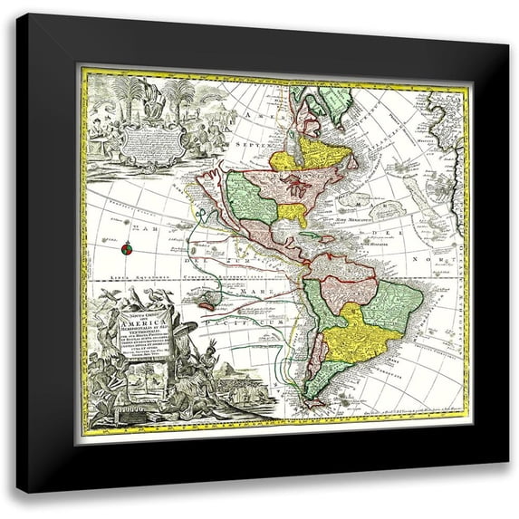Seutter 17x15 Black Modern Framed Museum Art Print Titled - North South America - Seutter 1745