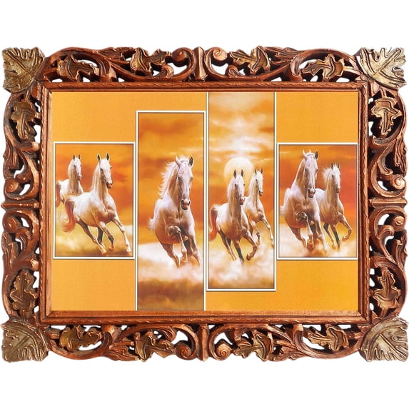Seven 7 White running horses at sunset time in forest poster print framed in Hand crafted wood crafts frame must for every home and office Vaastu Peace and Harmony a Wall Décor and Vaastu shastra