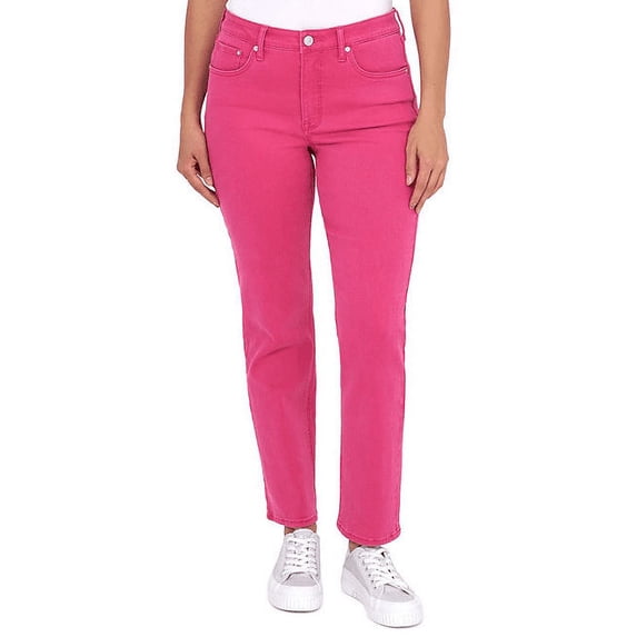 Seven Ladies Vintage-Inspired Flattering High Rise Slim Straight Jean (Pink, 4)