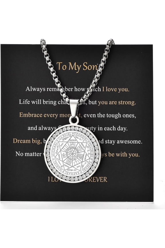Seven Archangels Pendant Necklace For Men Women Protection Amulet Archangel Michael Coin Pendant Necklace Gabriel Uriel Spiritual Zircon Stainless Steel 22+2 inches