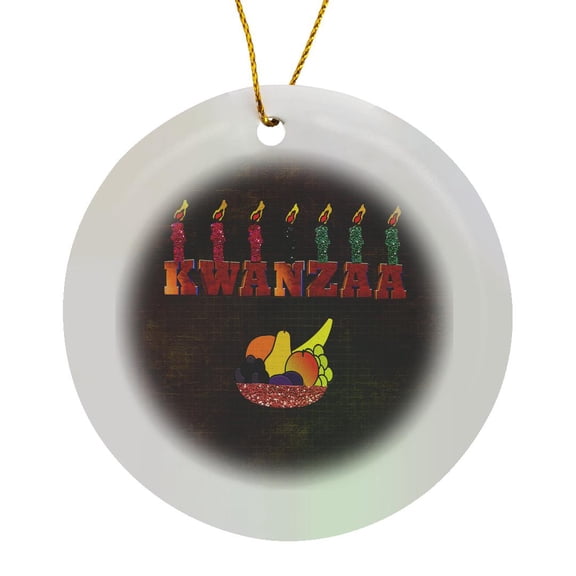 3drose, Seven Candles on Kwanzaa, Bowl of Fruit, Circle Porcelain Ornament