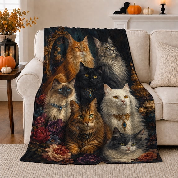 Seven Cats on Black with Gold Scrollwork, Regal Vintage Style for Cat Lovers, Ornate Floral Portraits, Cozy Flannel Blanket for Living Room and Bedroom, Pet Adoption Gift and Elegant Home Decor