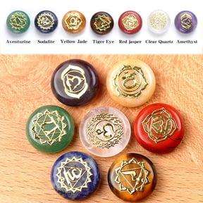Seven Chakra Crystal Stones Natural Reiki Healing Gemstones, with Engraved Chakra Symbols, Chakra Balancing Polished Palm Stones Set, Crystal Therapy Gift for Christmas
