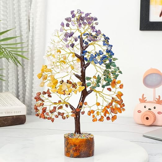 Seven Chakra Crystal Tree Good Luck Showpiece for Home Decor Items Crystals Gemstones Bonsai Money Tree for Good Luck, Decoration Gift Item, Multicolor Golden Wire-8-10 Inches-200 Beads