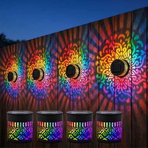 Seven-Color Changing Solar Mandala Projection Wall Light Decorative Solar Mandala Lights Outdoor Waterproof Metal Fence Lights for Yard Garden Post Patio Backyard Decor (2pcs)