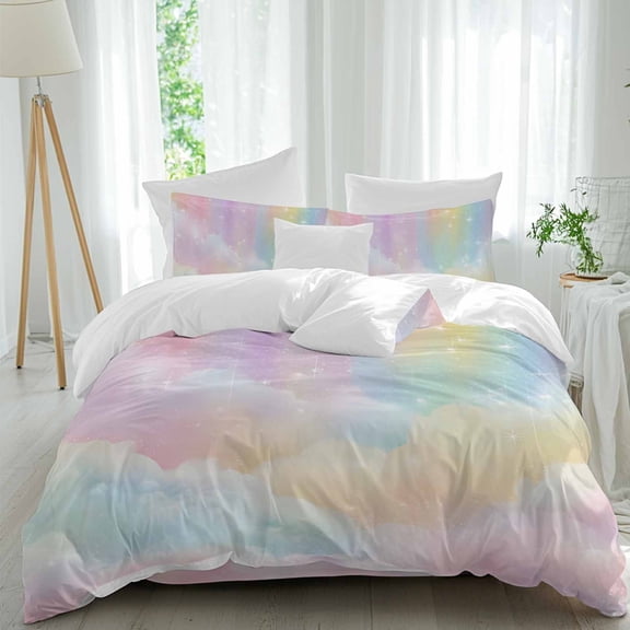 Seven Colors Cloud Comforter Set Full Size, Dreamy Cloud Sky Star Abstract Modern Soft Bedding Set for Man Woman, 4 Pieces Duvet Cover Set with Fitted Sheet, 2 Pillowcases