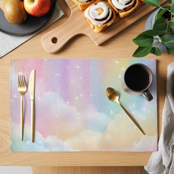 Seven Colors Cloud Placemats Set of 1, Dreamy Cloud Sky Star Abstract Modern Heat Insulated Linen Place Mats, Washable Stain-Proof Table Mats for Dining Tables Holiday Decor 13x19 Inches
