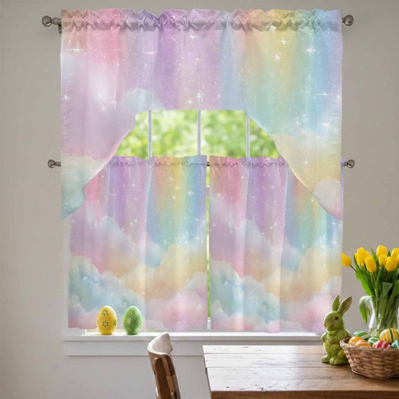 Seven Colors Cloud Swag Curtains Valance & Tier Set, Dreamy Cloud Sky Star Abstract Modern 3 Pcs Set Kitchen Swag Valances and Tiers 36 Inch Length Rod Pocket Curtain Drapes for Bedroom