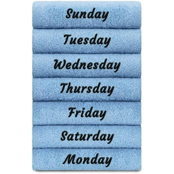 Seven Days Monogrammed Hand Towels, 7 Day Bathroom Hand Towel, Personalized & Decorative Gift, Super Soft, Highly Absorbent, Embroidered Turkish Cotton Towel Set for Face, Dorm, Gym & Spa, Blue