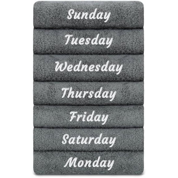 Seven Days Monogrammed Hand Towels, 7 Day Bathroom Hand Towel, Personalized & Decorative Gift, Super Soft, Highly Absorbent, Embroidered Turkish Cotton Towel Set for Face, Dorm, Gym & Spa, Grey