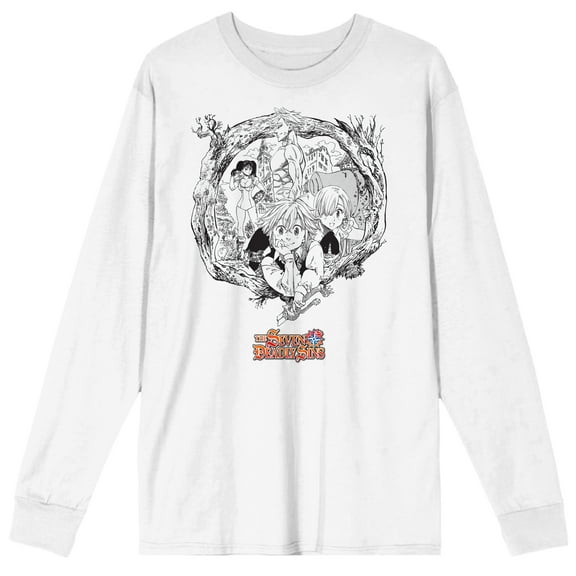 Seven Deadly Sins Manga Characters In Wood Frame Crew Neck Long Sleeve White Adult Tee-Large