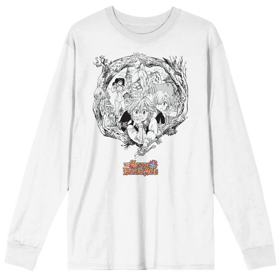 Seven Deadly Sins Manga Characters In Wood Frame Crew Neck Long Sleeve White Adult Tee-Medium