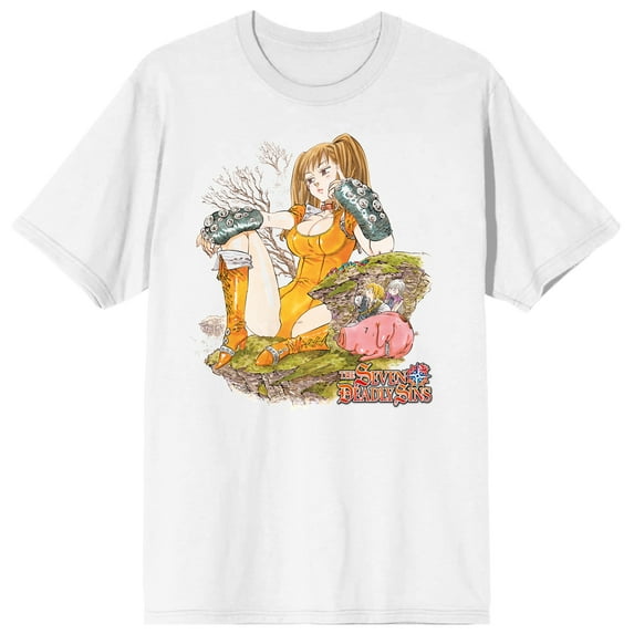 Seven Deadly Sins Manga Diane Sitting Crew Neck Short Sleeve White Adult T-shirt-Large