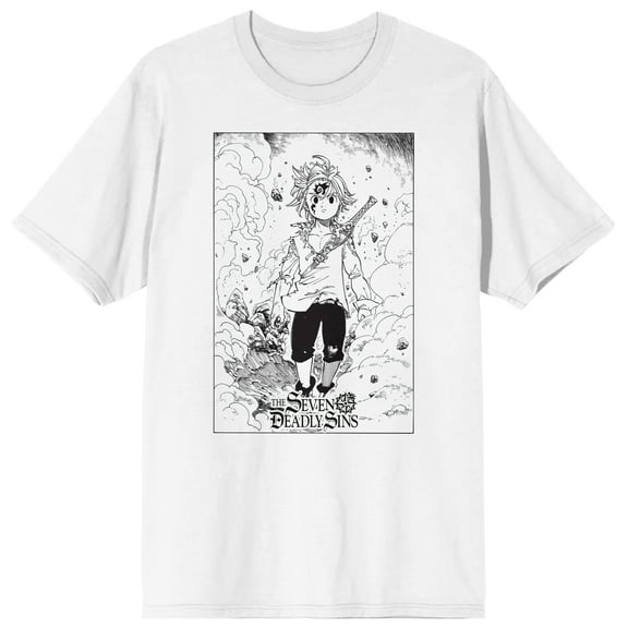 Seven Deadly Sins Manga Meliodas Manga Art Crew Neck Short Sleeve Men's White T-shirt-Medium