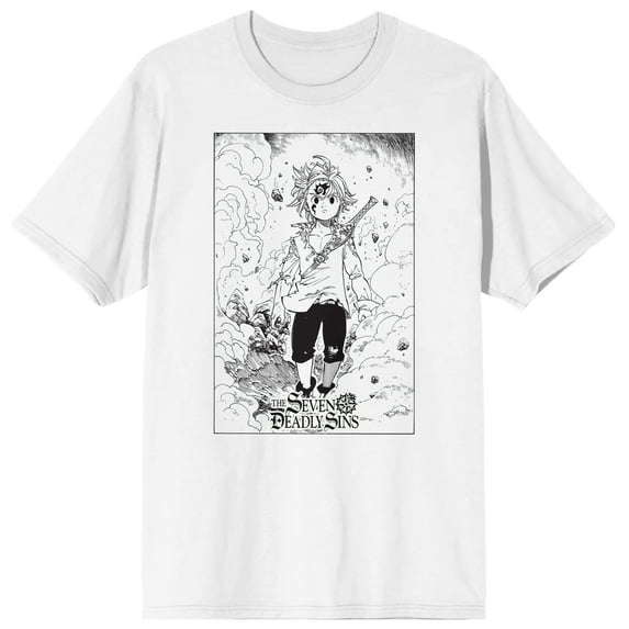 Seven Deadly Sins Manga Meliodas Manga Art Crew Neck Short Sleeve Men's White T-shirt-Small