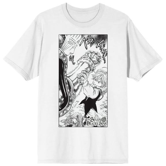 Seven Deadly Sins Manga Meliodas Stopping Knight Crew Neck Short Sleeve Men's White T-shirt
-XL