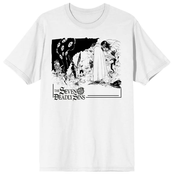 Seven Deadly Sins Manga Meliodas Surrounded By Enemies Crew Neck Short Sleeve White Adult T-shirt-XL