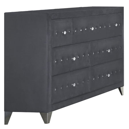 Seven Drawers Velvet Upholstered Dresser With Crystal Tufting, Gray