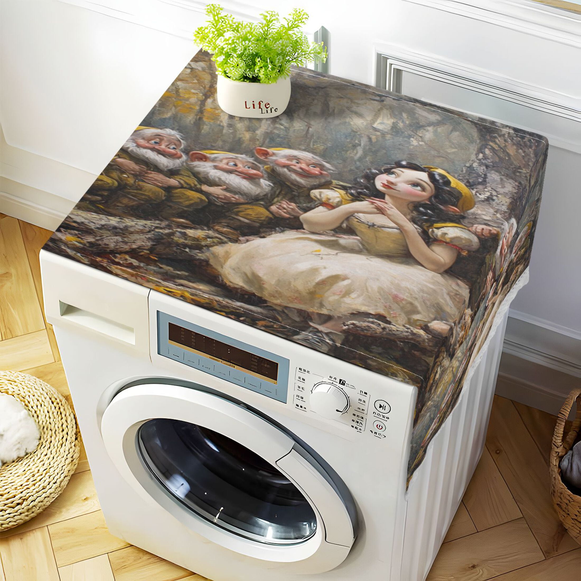 The Seven Dwarfs and Snow WhiteWasher and Dryer Covers Dust-Proof and Oil Resistant Fridge Cover with 4 Storage Pockets Washing Machine Top Cover for Laundry Kitchen Home 51.2 x 22 In