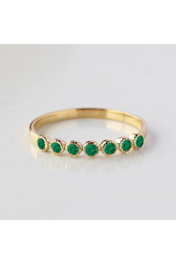 Seven Emerald Ring, Milgrain Ring, 18k Gold Plated Anniversary Ring, Dainty Minimalist Ring, Lightweight Ring, Everyday Ring.