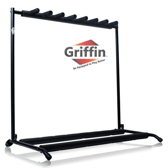Seven Guitar Rack Stand by Griffin Floor Storage Holder for Multiple Guitars Neck Mount Support For Electric, Acoustic Bass, Accessories Recording Studios, Schools, Stage Performers, Wall Hanger