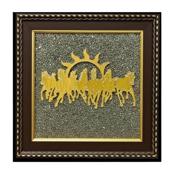 Seven Horses with Rising Sun Wall Frame on Natural Pyrite Base – Vastu Wall Decor for Prosperity, Good Luck & Success | Office & Living Room Decorative Photo Frame